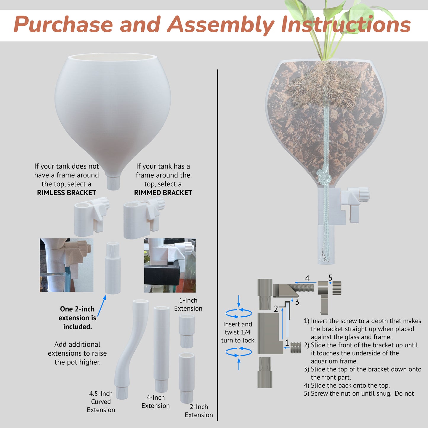 Medium black wicking planter for aquarium houseplants with self-watering design