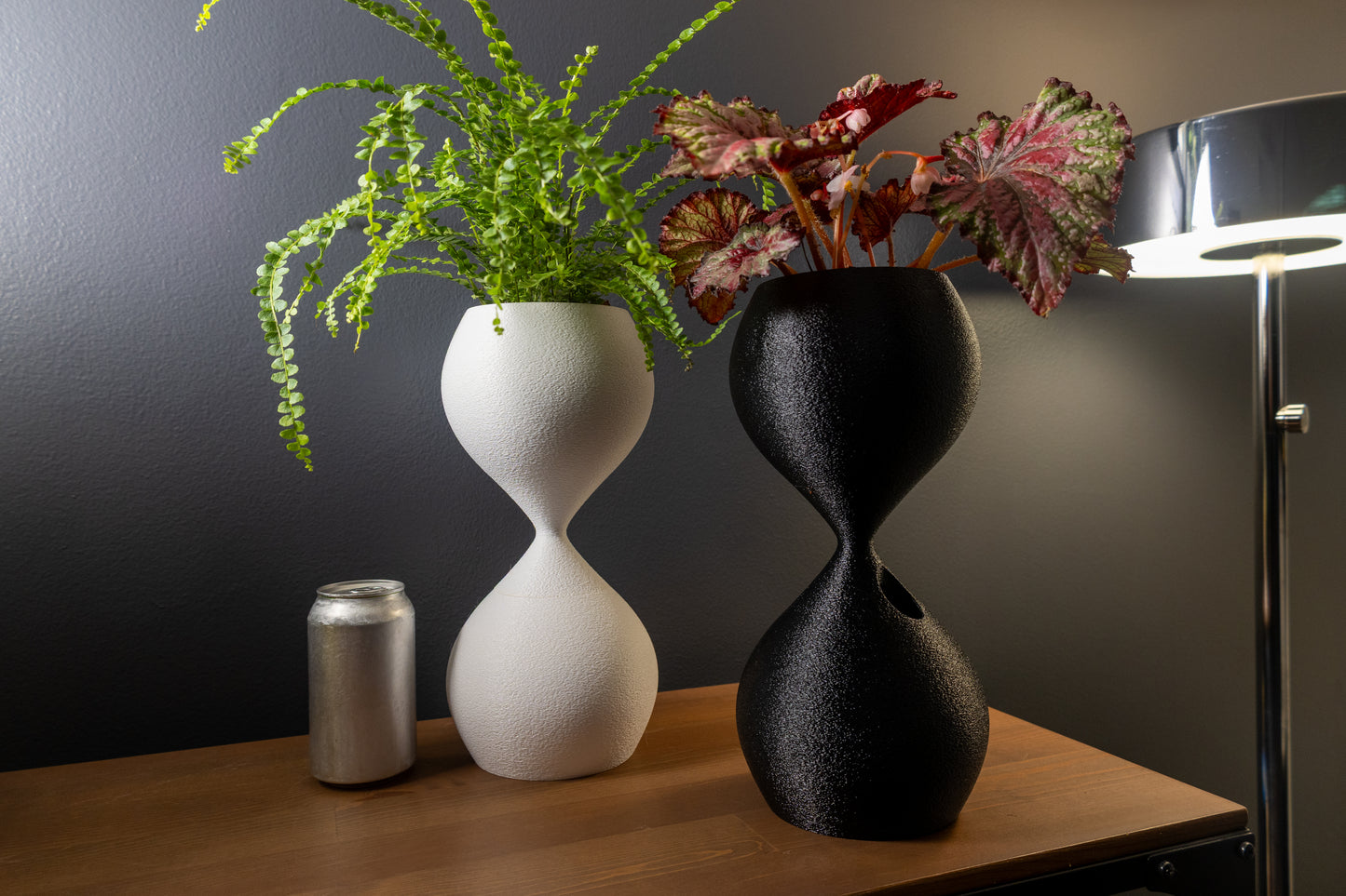 Modern Oasis hourglass planter with integrated wicking pot, perfect for stylish and low-maintenance houseplant display.