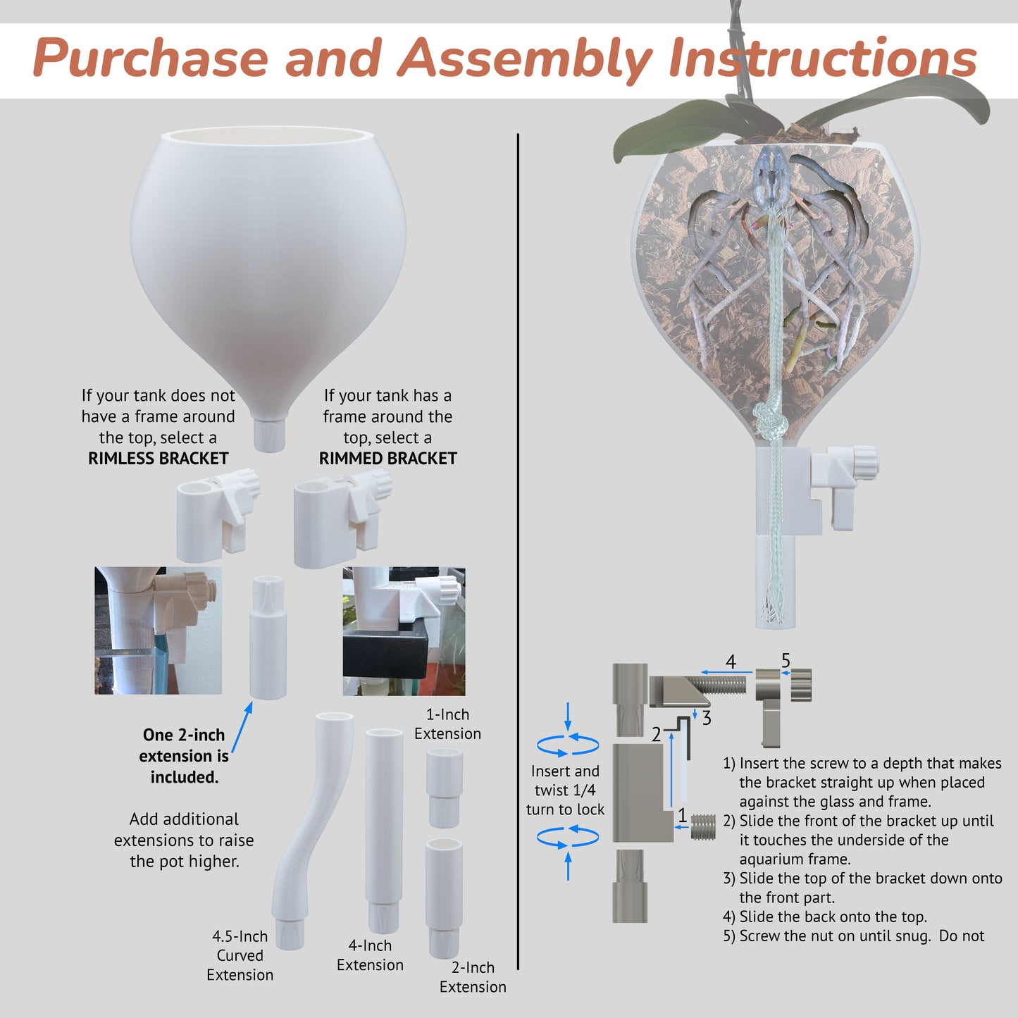 Self-watering orchid pot for aquarium setups to keep roots hydrated